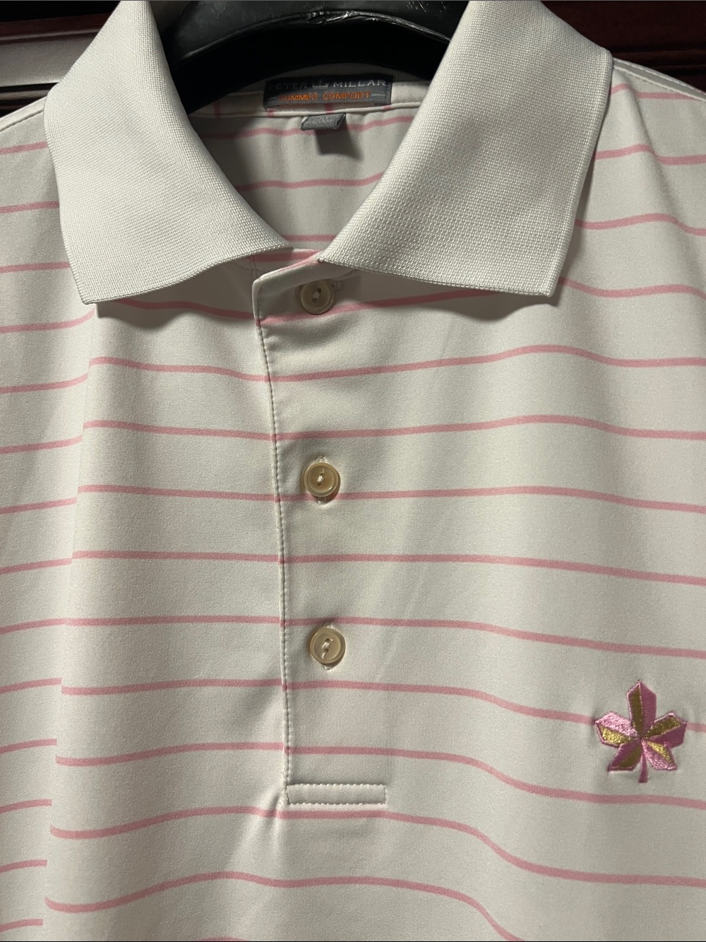 Like New Peter Millar Summer Comfort Stretch White Golf ⛳️Polo with Pink Stripes